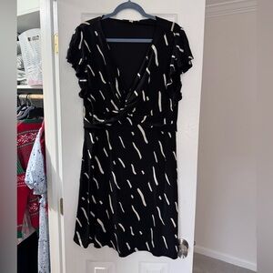 LOFT Black Midi Dress with White Brushstroke Print NEW